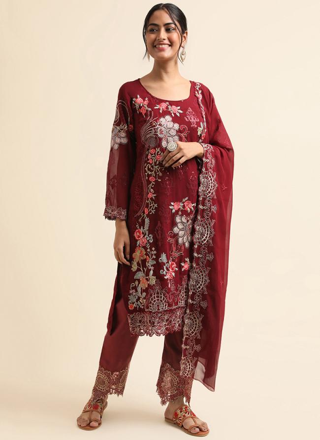 Faux Georgette Maroon Traditional Wear Zari Work Straight Suit